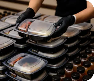 Boxed Meals & Utensils being served at a meal Boxed Meals & Utensils being served at a meal